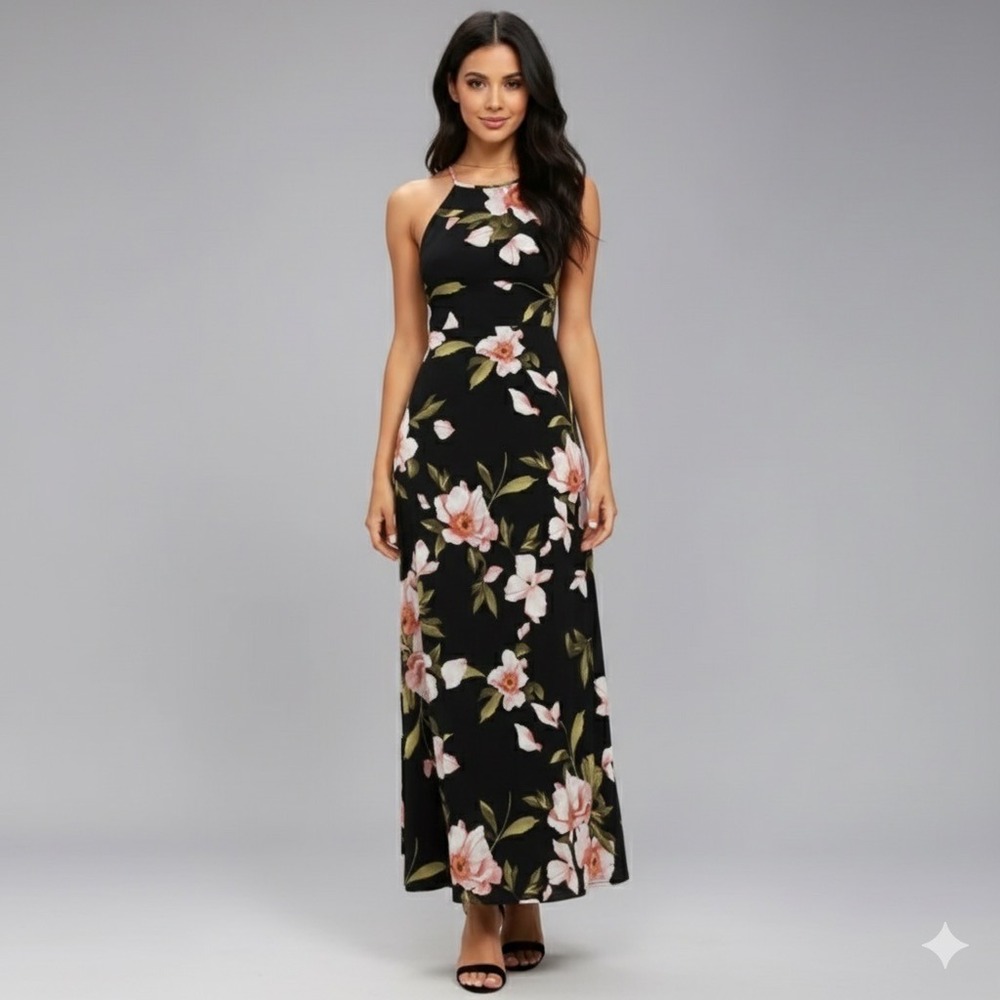 Lulus Adventure Seeker Floral Print Maxi Dress Women Medium Black Pink Tropical‎